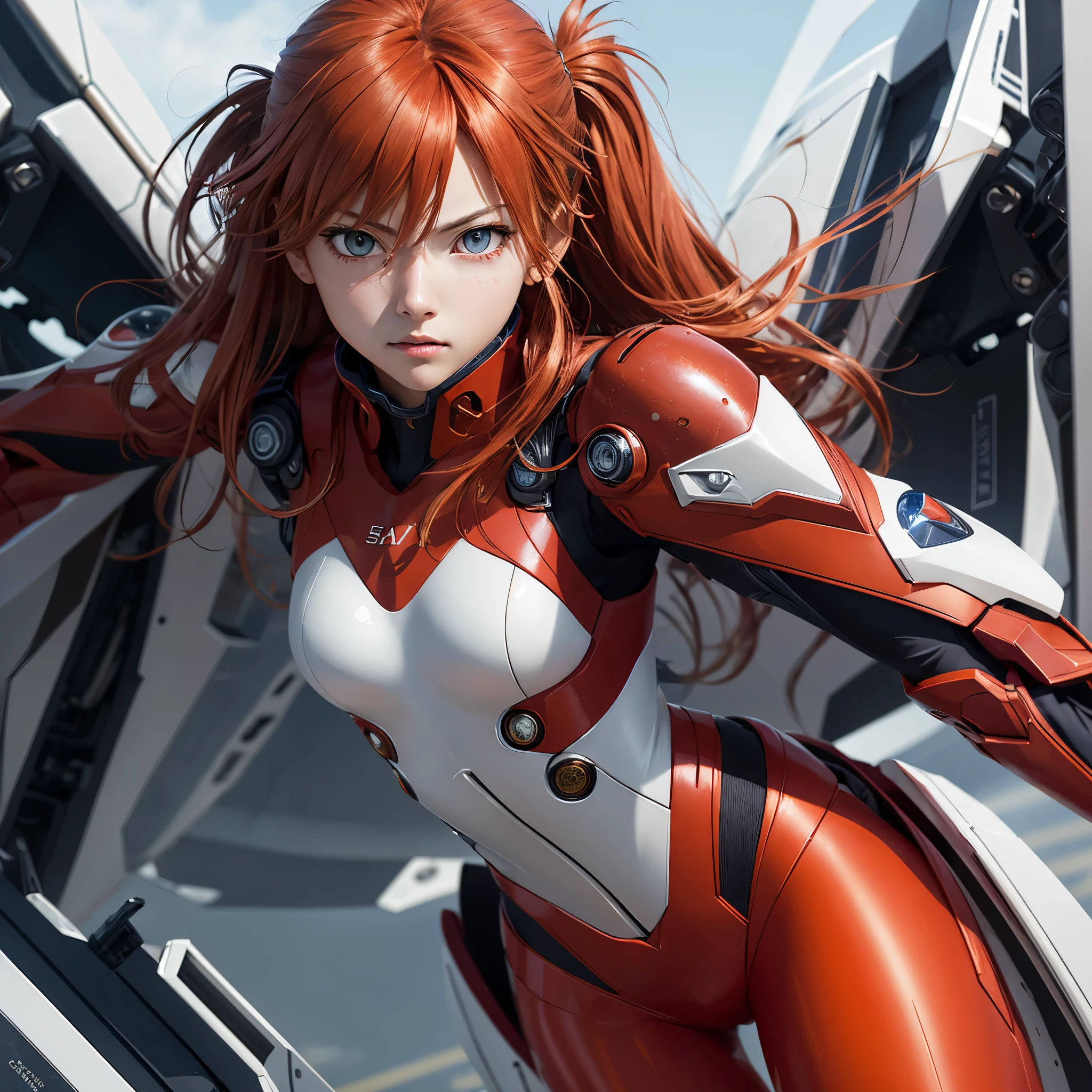 Asuka Langley Soryu, vibrant colors, strong light, anime, detailed face, fiery red hair, determined expression, intense eye contact, pilot suit, Eva Unit 02, dynamic pose, futuristic background