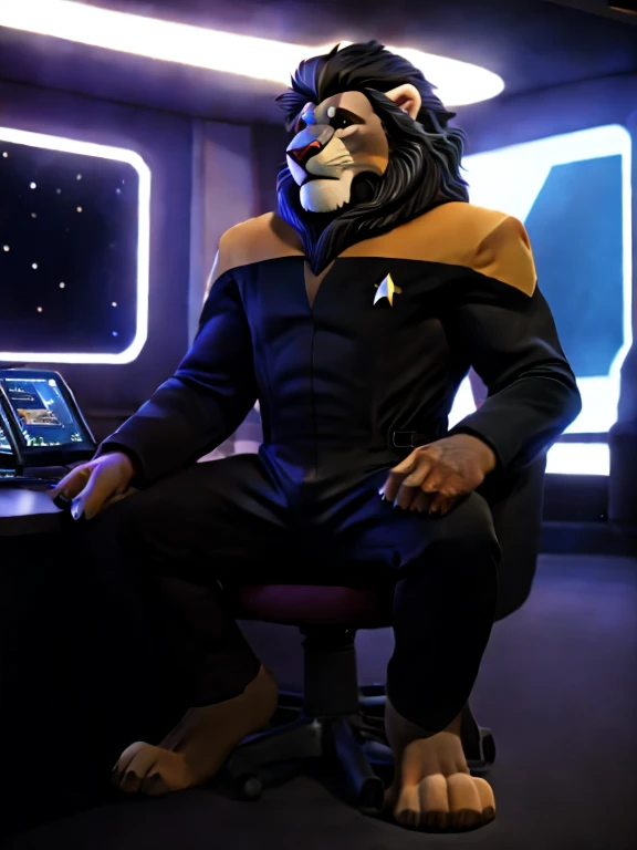 full body picture, full figure image, masterpiece, best quality, soft light, bokeh, real shadow, cinematic, The barefoot male muscular furry character resembling Scar from Lion King  (anthro lion with orange fur, black mane with with white strand), exudes confidence and authority as he sits in the captain's chair, and his red and black Star Trek Voyger uniform with the Starfleet Delta badge on his chest is a perfect match for his muscular figure. Handsome clawed feet paws dominate the bridge of the ship and its crew. Long black pants and red and black shirt without sleeves. Bridge of starship with many screens and consoles as background, futuristic look, metalic. high resolution, anatomically correct, digital art style, photoreal, visible feet, nice big paws with pawpads