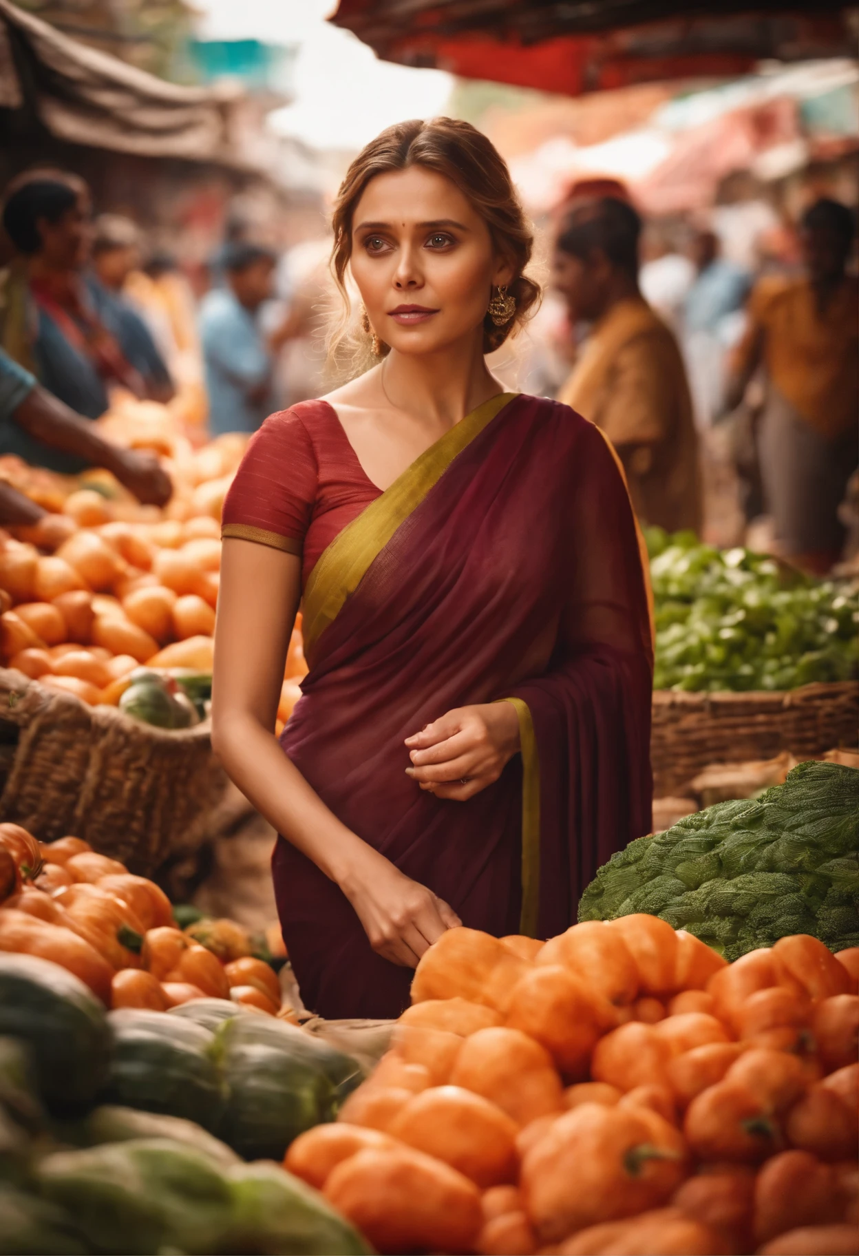 Masterpiece, highres, 8k,Elizabeth Olsen in simple Indian saree,in local market, buying vegetables, cinematic light, ultra skin texture.
