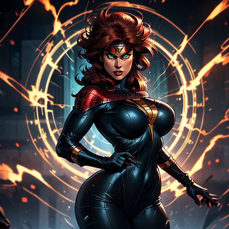 Spider-Woman, a bold and agile heroine around 30 years old, flaunts her curvaceous figure with ample bosom. Her jet-black costume perfectly complements her long, curly red hair that cascades down her broad shoulders. Her piercing green eyes are focused and determined, as she stands before a mirror, adjusting her iconic web-shooters on her wrists.