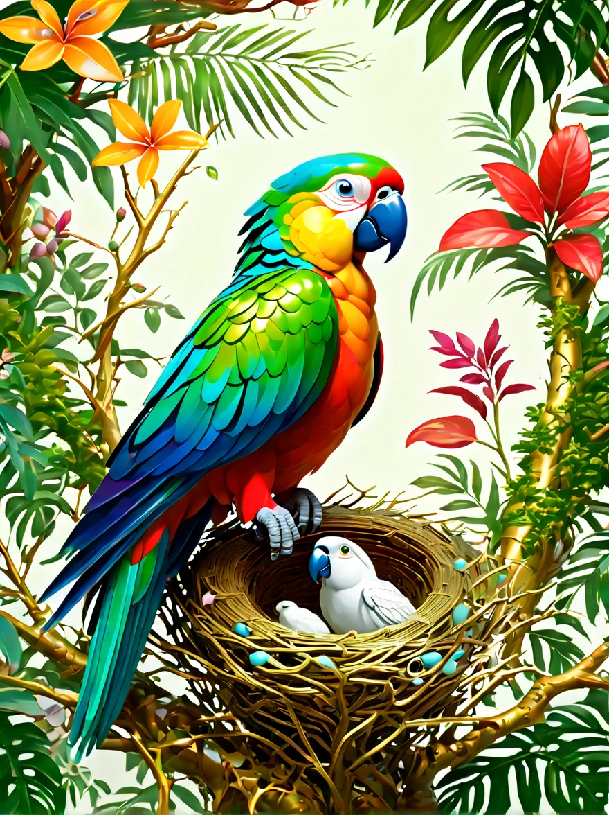 Rainforest，gold steel parrot，((Sophisticated and beautiful nest:1.5))，branches，green leaves，Colorful flowers and diverse plants