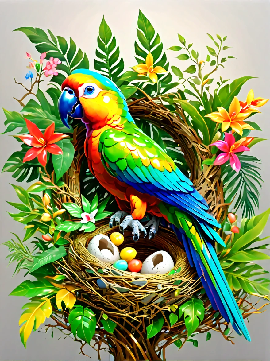 Rainforest,gold steel parrot,((Sophisticated and beautiful nest:1.5)),branches,green leaves,Colorful flowers and diverse plants