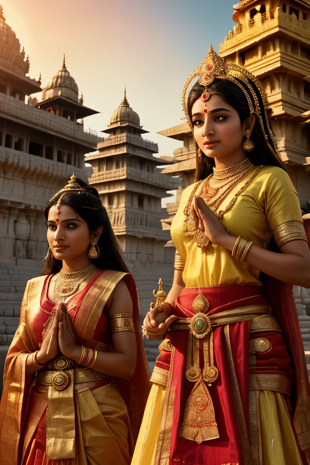 Radiant figure of Shree Ram, clad in regal attire, approaches the sacred city of Ayodhya, accompanied by his beloved wife Sita and devoted brother Lakshman. The sun sets in the backdrop, casting a gentle golden glow over their heads, creating an ethereal atmosphere. With hands joined in prayer and a serene expression, Shree Ram leads the way, as Sita follows, her eyes filled with reverence and devotion. Lakshman, protective and loyal, stands steadfast beside them. The scene is filled with an aura of peace and prosperity, as the people of Ayodhya eagerly await the return of their beloved king. Hyper-detailed