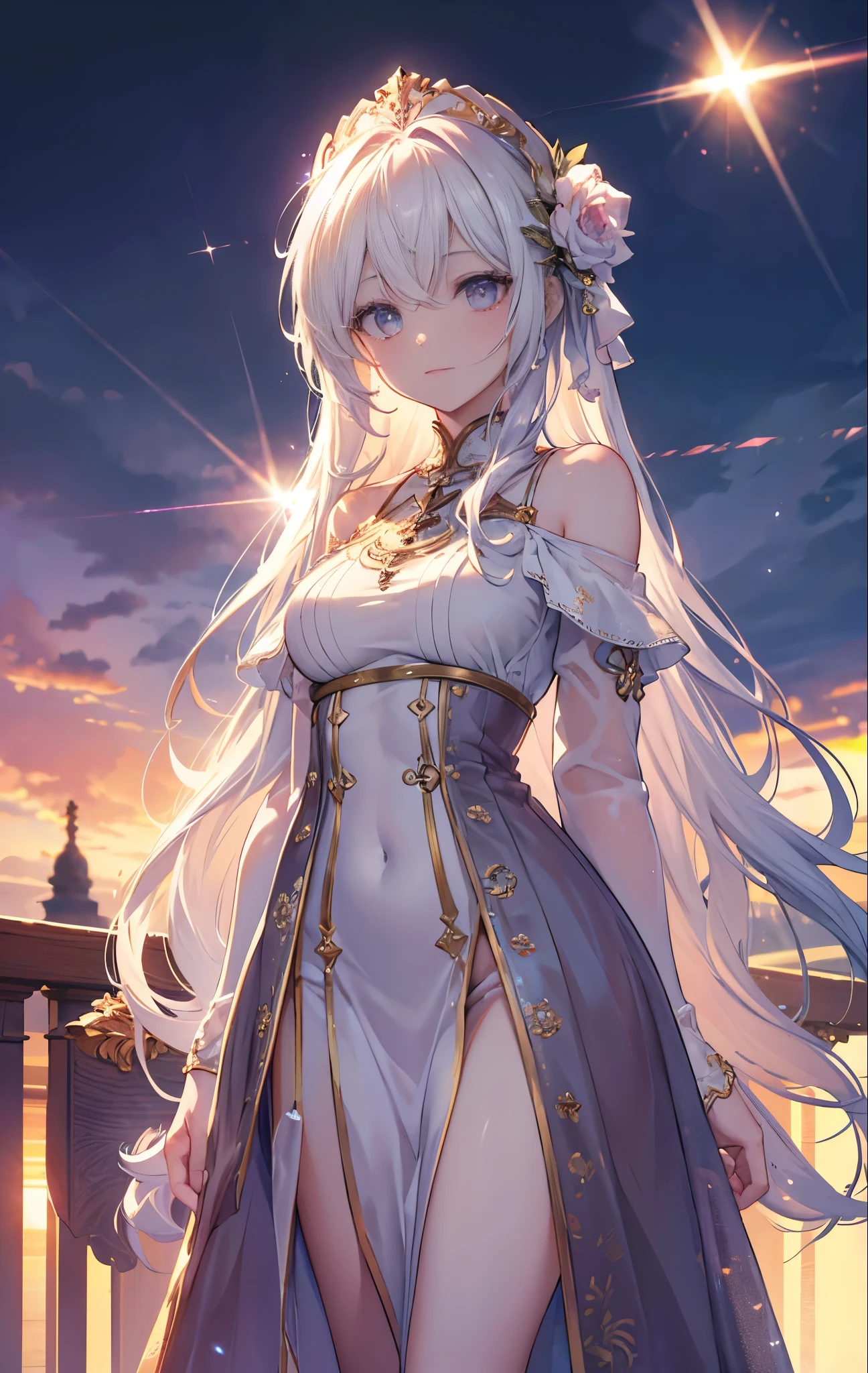 {{masterpiece}},best quality,Highly detailed CG Unity 8K wallpaper,One woman,movie lighting,lens flare glow,
perfect style, perfect body, clear beautiful eyes, long eyelashes, receive God's blessing,