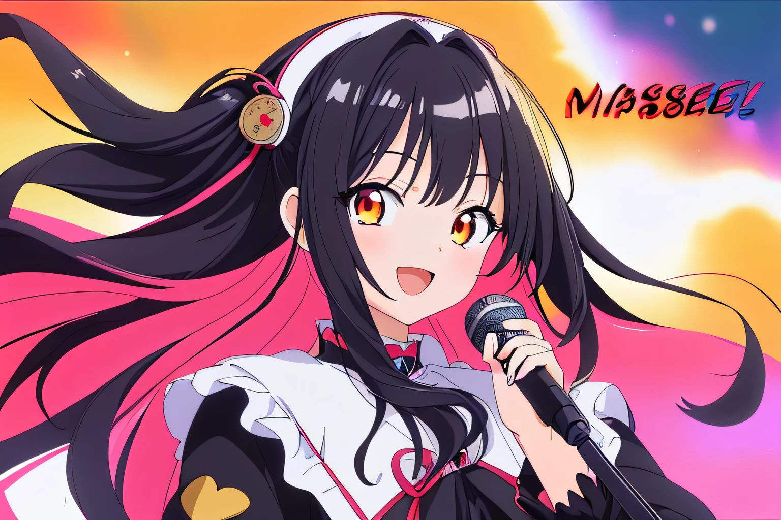 masterpiece, highest quality, {highest quality}, {{masterpiece}}, {High resolution}, girl, smile, anime style, girlのデザイン, portrait, anime images, long hair, black hair, straight-eyed, hair covering ears, open your mouth, Romantic clothes, Radio broadcasting, Speak into the microphone, colorful, color