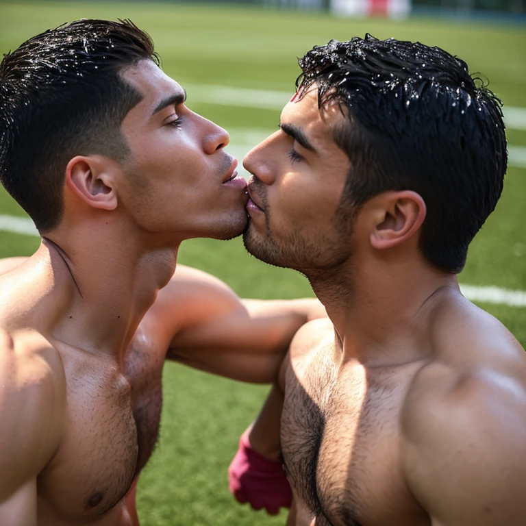 2 Capitanes musculosos de futbol americano hipnotizados y sin camisa, masturbated and kissed on the mouth by another smaller and thinner young man, Bulto grande, mostrando pectorales y abdominales completos,wet dreams, Great erection, besos, porno gay, fondled