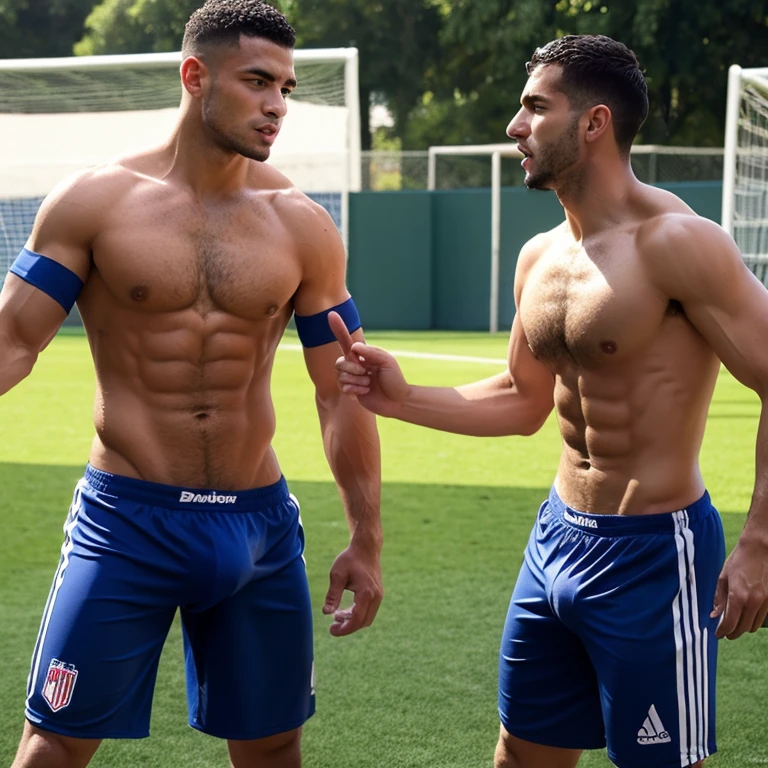 2 Capitanes musculosos de futbol americano hipnotizados y sin camisa, masturbated and kissed on the mouth by another smaller and thinner young man, Bulto grande, mostrando pectorales y abdominales completos,wet dreams, Great erection, besos, porno gay, fondled