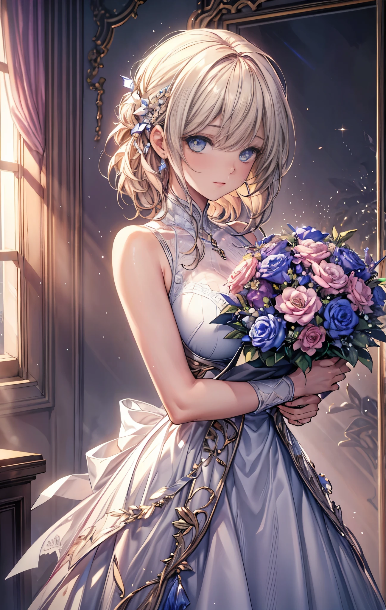 {{masterpiece}}，best quality，Highly detailed CG Unity 8K wallpaper，One woman，movie lighting，lens flare glow,
perfect style, perfect body, clear beautiful eyes, long eyelashes, lots of flowers, have a bouquet,