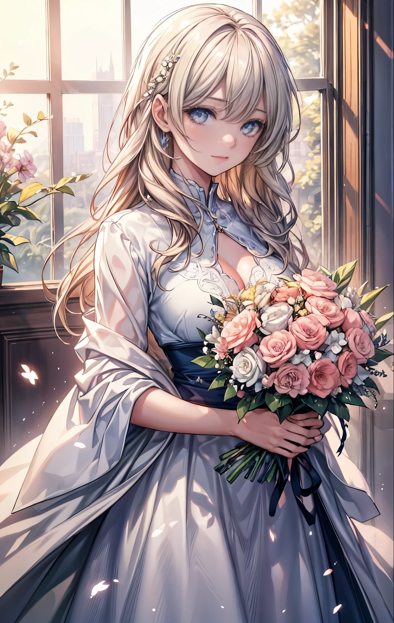 {{masterpiece}},best quality,Highly detailed CG Unity 8K wallpaper,One woman,movie lighting,lens flare glow,
perfect style, perfect body, clear beautiful eyes, long eyelashes, lots of flowers, have a bouquet,