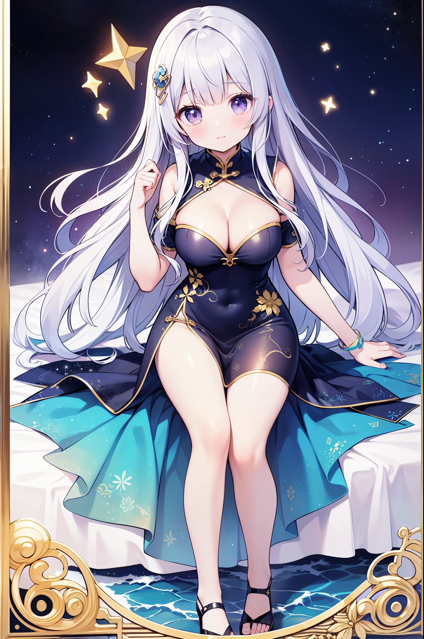 (masterpiece)、(highest quality)、((Super detailed))、(super delicate)、cute、Pastel colors hair、beautiful breasts、Gorgeous、fantastic sea of stars、Golden, silver and purple cheongsam