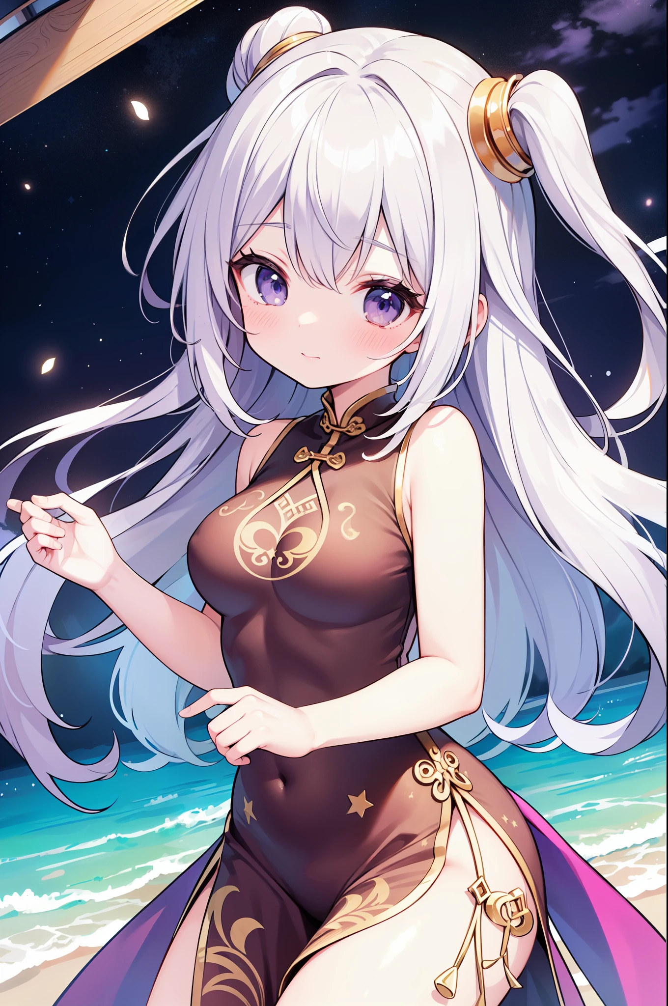 (masterpiece)、(highest quality)、((Super detailed))、(super delicate)、cute、Pastel colors hair、beautiful breasts、Gorgeous、fantastic sea of stars、Golden, silver and purple cheongsam