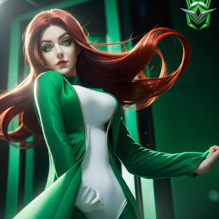 Spider Gwen, a captivating and daring woman in her late twenties, boasts long, wavy red hair and intriguing emerald green eyes. Clad in her iconic spider suit with an added bold twist, her ample bust is accentuated, exuding confidence and strength as she poses before the mirror, ready for her next adventure.