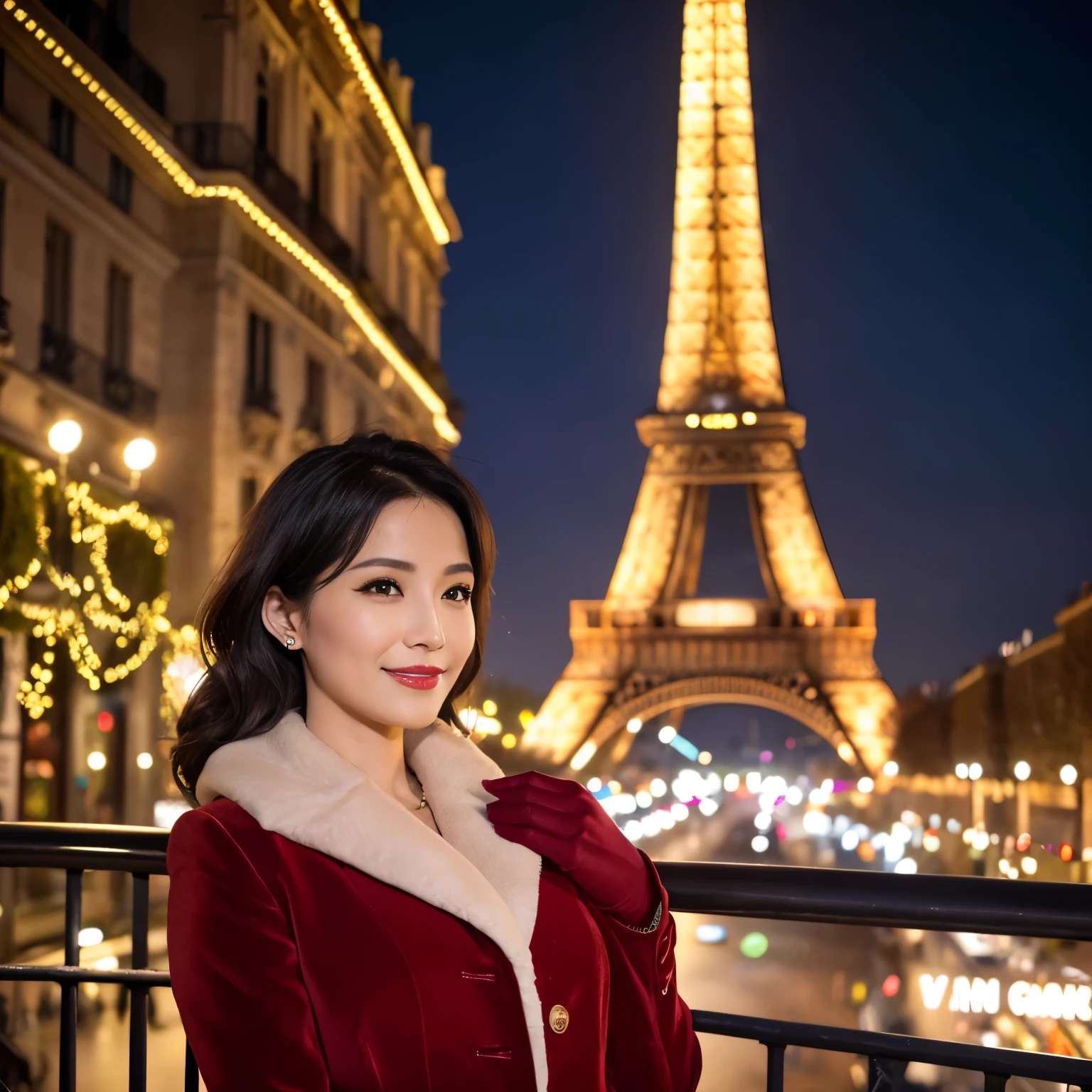 ((highest quality、8K resolution、master masterpiece、professional photography)), Photoreal, 1 Japanese female, Beautiful woman, (The most elegant and beautiful 45 year old mature woman:1.2), wrinkles around the eyes, thin,Paris city at Christmas night, Christmas night view of Paris,Neon Street,Sparkling neon lights,romantic paris night,smile shyly at me,Smile at me,look at me affectionately、(The most elegant and warm luxury coat for midwinter:1.2)、big and full breasts,Winter clothes that emphasize your bust,(Snowy Christmas Night:1.1),snowy night,Gorgeous illumination、Beautiful Eiffel Tower on the background、(The most luxurious giant Christmas tree:1.2)、Glamorous background,perfect makeupアップ,Dark red lipstick,perfect makeup,eye shadow、long eyelashes、clear background、great movie lighting、romantic lighting、(Gorgeous illumination:1.1)、(Paris christmas skyline:1.1),(gorgeous christmas illuminations:1.1)、(very moody and romantic:1.1)、Ultra-high-definition beautiful skin