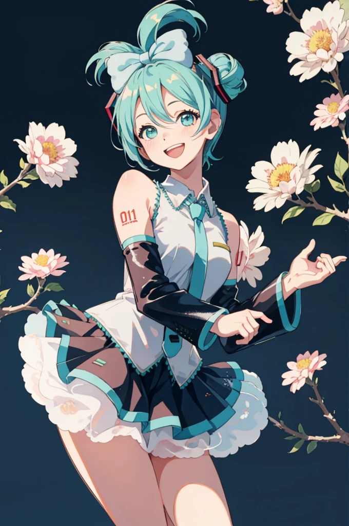 cinnamiku, short hair, upper body, smile, blush, :D, posing, full body, floral background