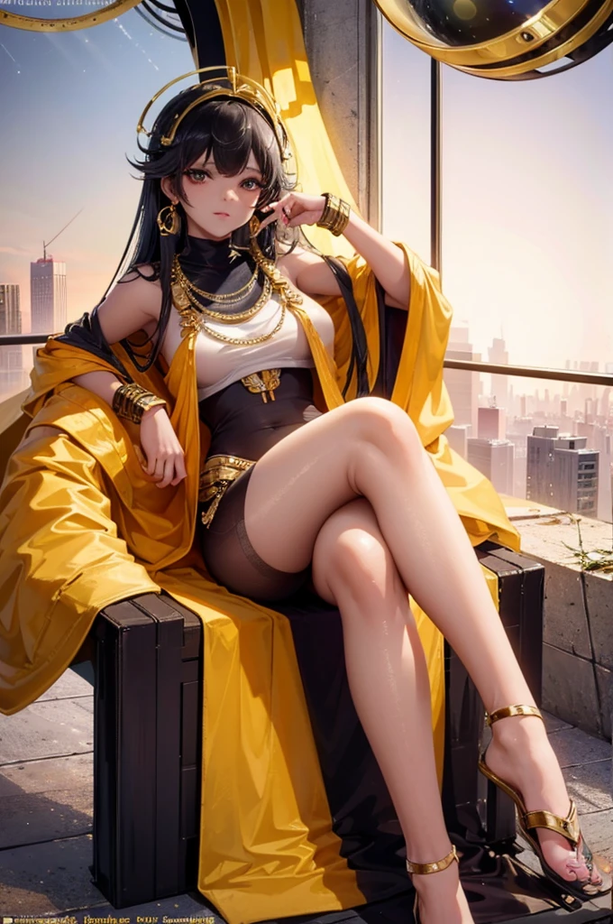 photo realistic, Kodak Gold 400, attractive cyberpunk African Asian girl, sitting on a futuristic golden throne, full body, A large window overlooking a future Egypt, large planets in the sky above the city, 85mm cinematic lighting,