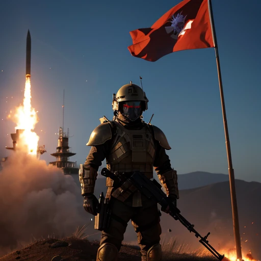 Future Battlefield, Alien Civilization War, Indonesia army, Gunsmoke fills, A red flag was planted on a small mound, A soldier in armor, full armour, The background is the army of the SA, The picture is stunning, Magnificent, Magnificent, in the style of futuristic, Ultra-wide angle, Masterpiece, ccurate, Anatomically correct, Super detail, Award-Awarded