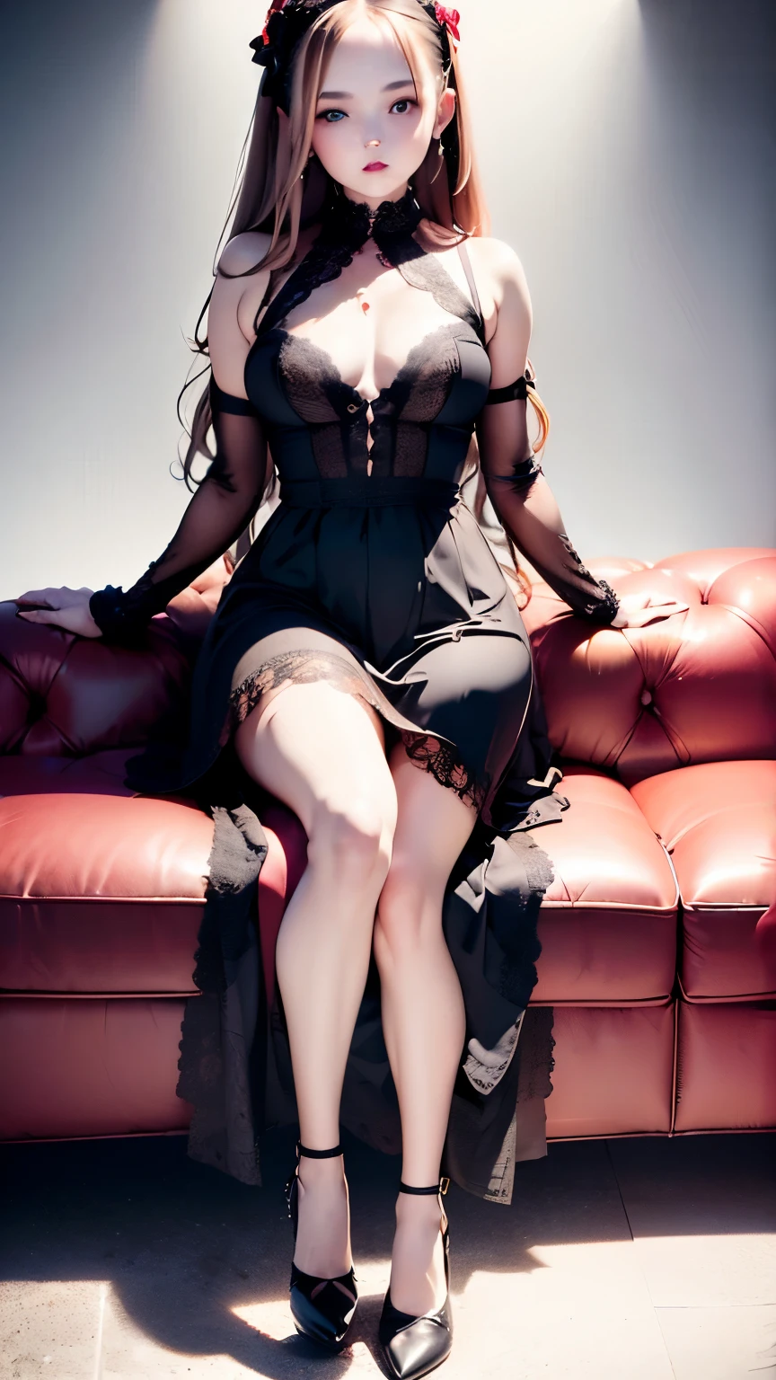 (highest quality,High resolution,masterpiece:1.2), super detailed,perfect anatomy,Correct depiction of the human body,(realistic:1.37),(baroque), (Gothic ta), (cute), 1 girl, (alone), (whole body), (Black sofa), (black dress), (absurd), (white lace), (red lips),((perfectly blurred background)),