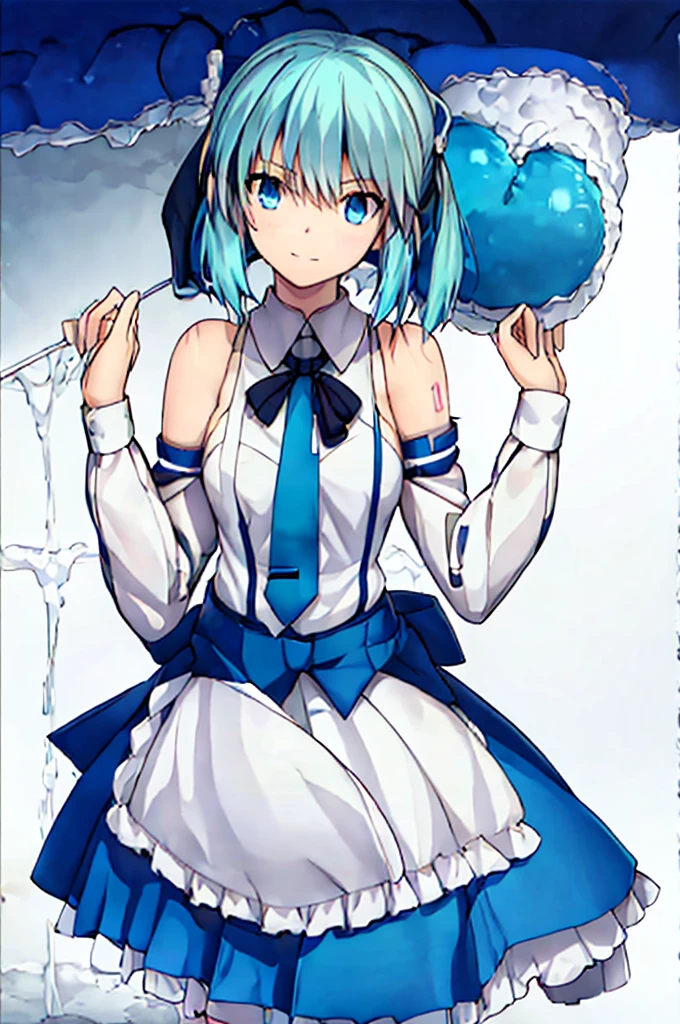 1girl, updo, skirt, bow, shirt, necktie, hatsune miku, detached sleeves, hair bow, black skirt, smile, pleated skirt, blue bow, collared shirt, ear bow, looking at viewer, black sleeves, cowboy shot, sleeveless shirt, hatsune miku (cosplay), cosplay, bangs, sleeveless, >_<, headphones, blue eyes, heart, closed mouth, hands up, white shirt, blue hair, aqua necktie, bare shoulders, long sleeves, aqua hair