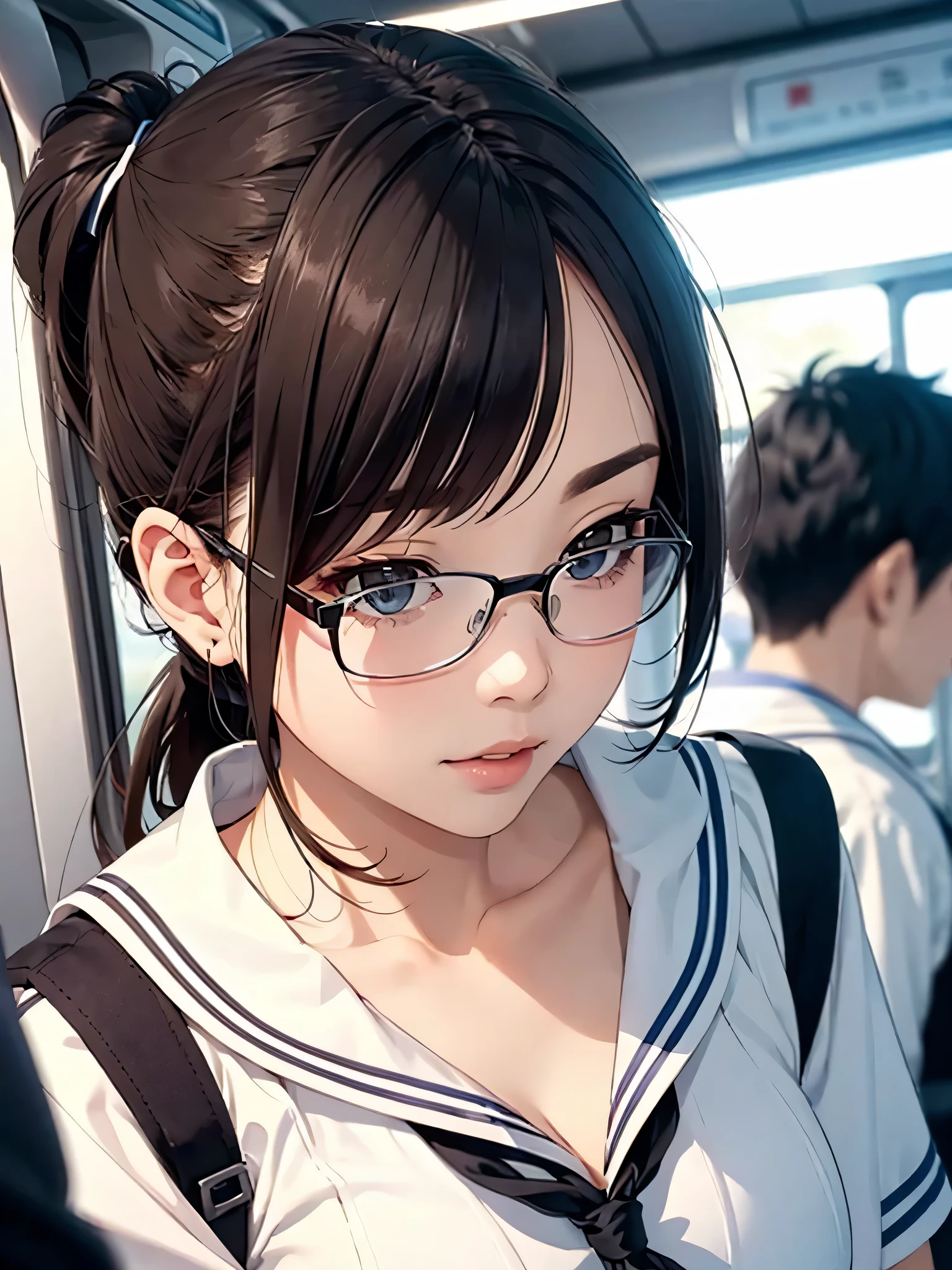 (8K、RAW photo、highest quality、masterpiece:1.2)、detailed background、beautiful and detailed face、beautiful and smooth skin、skin texture、professional lighting、Black square glasses 、cute girl,Cute Ponytail,(big breasts:1.2),(white sailor suit)、(white sailor collar)、A super close-up shot of the sexy nape from right behind、Close-up of the nape from directly behind、in a crowded train