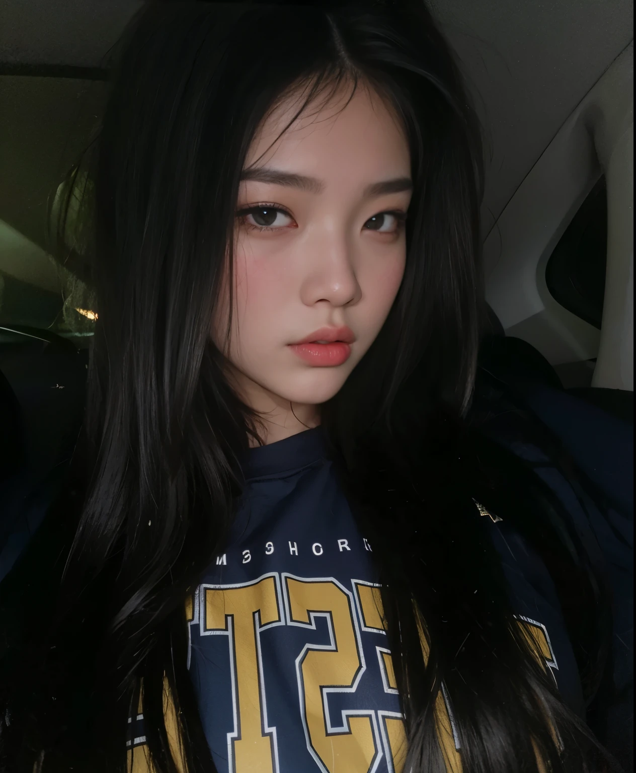 Mujer arafed con el pelo largo y negro en un coche, 18 years, Southeast Asian with round face, coreano, asian guy, Cara cansada, ulzzang, Ella tiene una cara hermosa, asian girl, jennie blackpink, pale round face, sleepy expression, gemma chen, detailed face of an asian girl, 16 years, jaeyeon nam