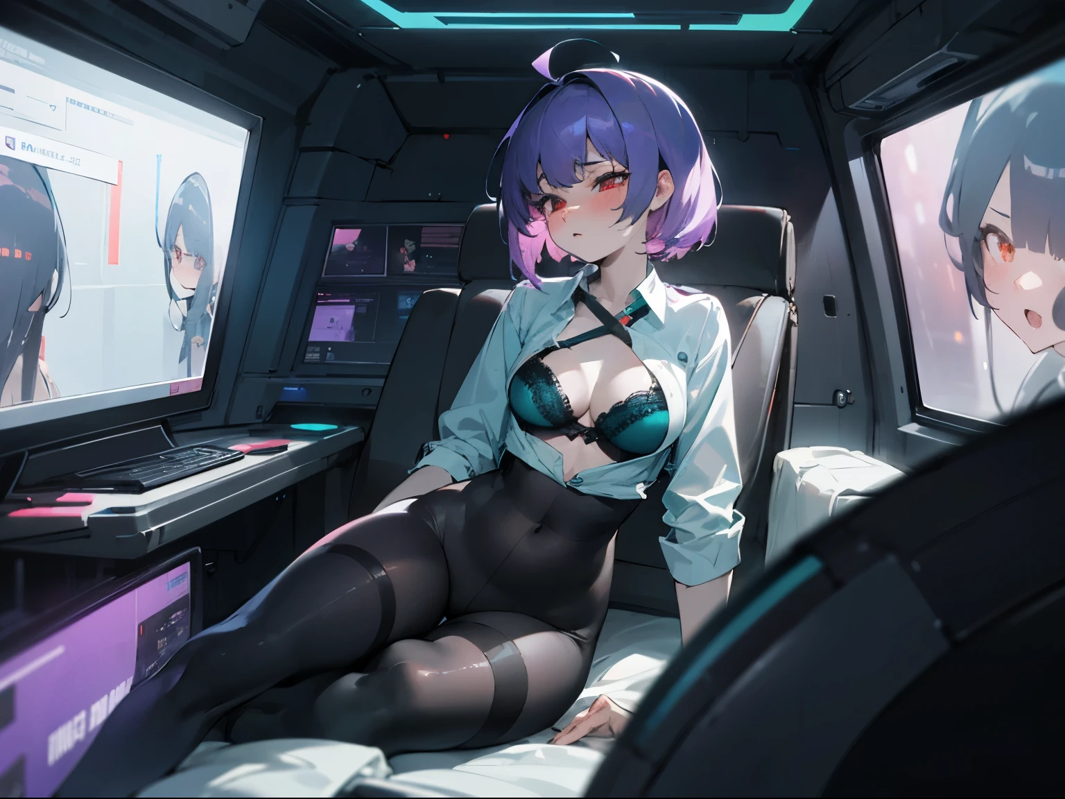 1woman, messy teal hair, red eyes, blushing, enjoyment, thick body, extremely pale skin, wearing unbuttoned orange futuristic uniform shirt, lacy purple bra, black dildo inserted into pussy, thigh high pantyhose, sci-fi spaceship apartment, blue holographic computer display showing multiple nude women, absurdes, high res, ultrasharp, 8k, masterpiece,