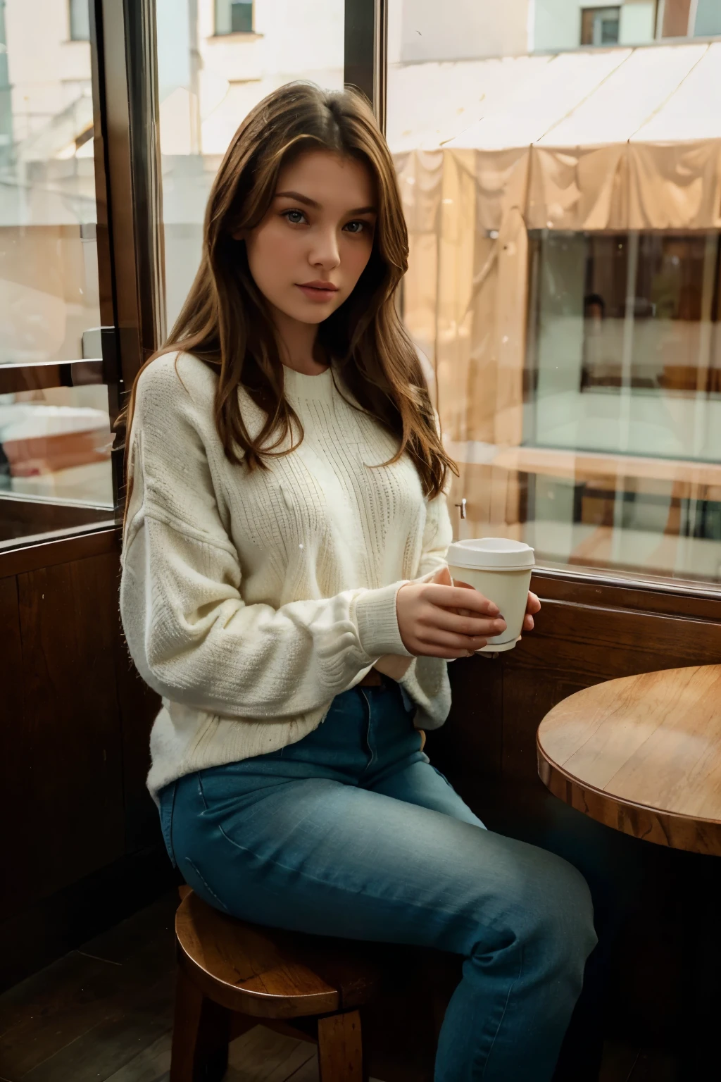 A pretty girl sitting in a coffee shop deep in thought, she is wearing a light sweater and blue jeans, she has an iPad, she has long auburn hair and large eyes, she is sitting in a comfy antique padded chair with a small table. Her legs are crossed. The coffee shop is cozy and filled with interesting nick knacks, artistic photography, soft boca, 70 mm wide angle. 