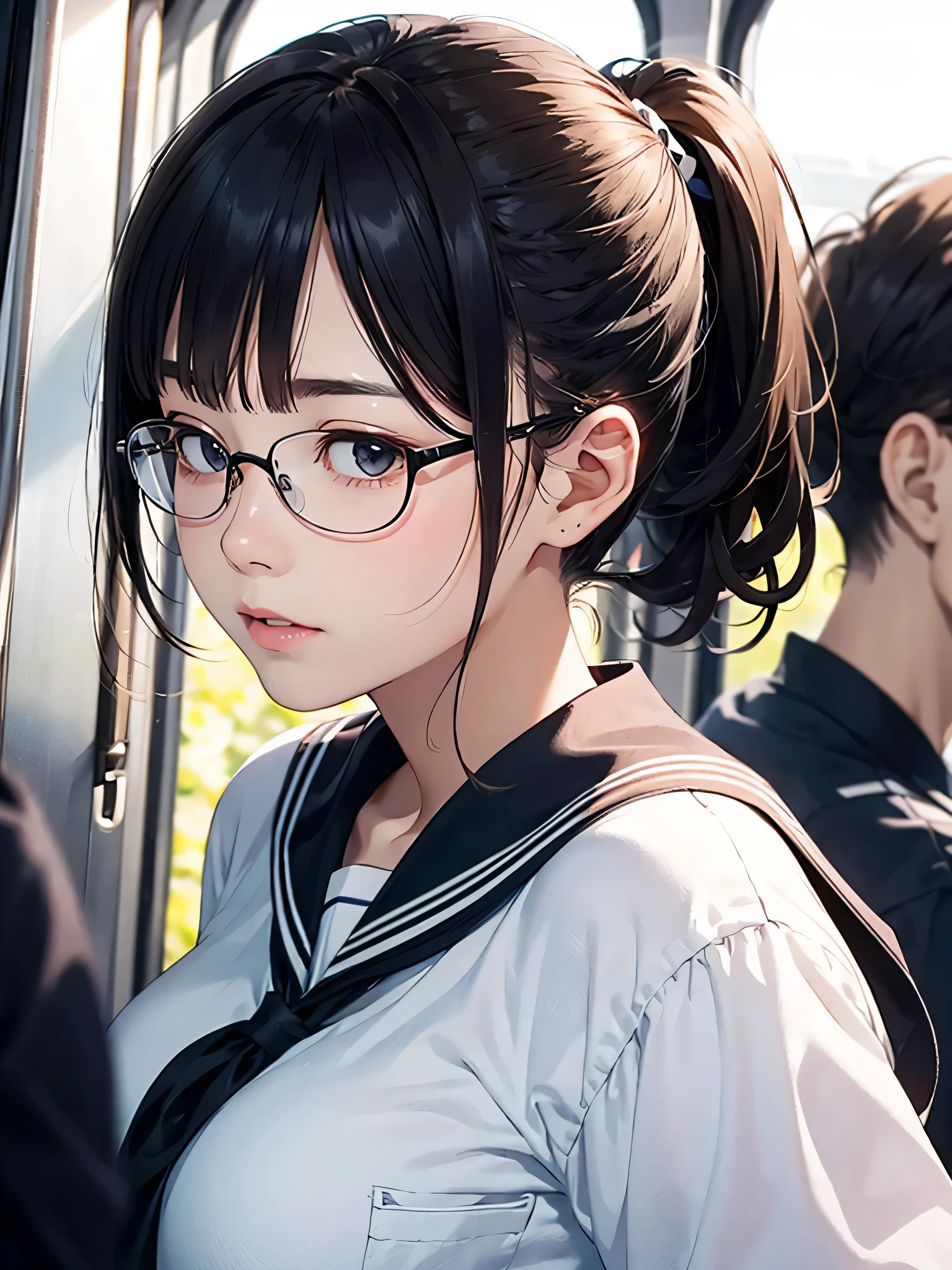 (8K、RAW photo、highest quality、masterpiece:1.2)、detailed background、beautiful and detailed face、beautiful and smooth skin、skin texture、professional lighting、Black square glasses  、cute teen girl,Cute Ponytail,(big breasts:1.2),(white sailor suit)、(white sailor collar)、A super close-up shot of the sexy nape from right behind、Close-up of the nape from directly behind、in a crowded train
