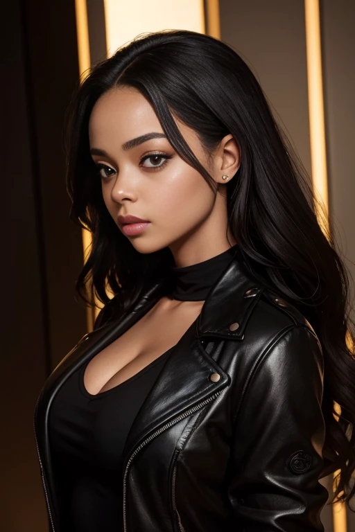 arafed woman with a black shirt and a black jacket, portrait sophie mudd, selfie of a young woman, tessa thompson inspired, with professional makeup, glowy, profile image, sexy face with full makeup, detailed flawless face, sultry look, perfectly lit face, headshot profile picture, light skin, ayahausca, with brown skin