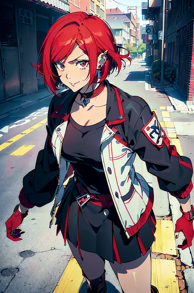 in the art style of persona5 and in the art style of street of rage 4, delinquent, (sukeban), mature_female, blush, mature, older woman, 25 years old, Sukeban teacher outfit, ((((1girl, solo female, solo, solo focus:1,9)))++++, choker, sukeban teacher, sukeban fighter, long_sleeves, open jacket, blue jacket,( jean)+++, light skin tone female, (full body)+++++, jacket, biker jacket, tape, arm_support, gloves, red_gloves, bridal gauntlets, nail polish, boots, black_footwear, fighter outfit, (full body)+++++++, hourglass, mature face, cheeky smile, cheeky face, wrinkles, (((((red hair, short hair, bob cut, earrings, ear piercings)))), red eyeighting art, Martial arts, standing, fighting_stance, fight, fighting), extra colors, 2D, megapixel, perfectionism, accent lighting, full HD , (Masterpiece:1.2), (full-body-shot:1),(cowboy shot:1.2), (Highly detailed:1.2),(anime Detailed Face:1.2), Colorful, A detailed eye, (Detailed landscape:1.2), (natural lighting:1.2), ((sukeban school teacher)) by Vincent Di Fate: Aidyllery, Anamorphic Shot, rule of thirds, face by Artgerm and WLOP, ((street of rage 4 city backround)), fictive city backround in the style art of street of rage 4,