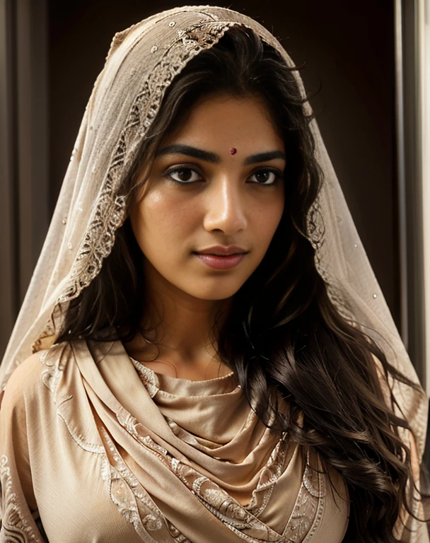 (masterpiece, best quality, insanely photorealistic RAW close-up portrait:1.4) of a stunning beautiful 25yo indian woman, traditional colorful dress, beautiful face, long wavy hair, (intricate veil covering hair partially:1.2) (shy, looking down:1.5), indoors, detailed eyes, (natural skin texture:1.1), award-winning travel photography, highly detailed, (sharp focus:1.2), intricate, (soft lighting, indirect warm lighting:1.6), dramatic lighting, 4k, 8k, HD