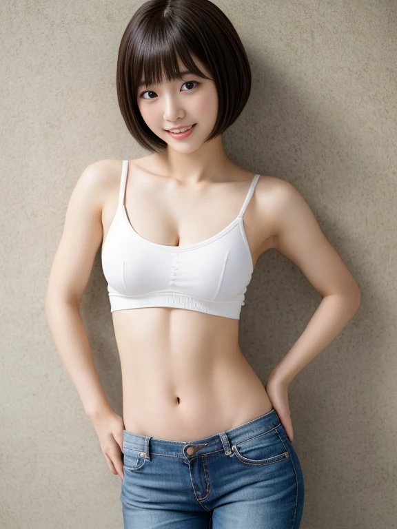 top-quality,masterpiece,Raw photography,8K,Top image quality,hight resolution, 18 years old Japanese female idol ,Beautuful Women,cute Japanese girls, Pretty Woman ,Beautiful face in every detail, aegyo sal ,small head, seductive smile ,Realistic human skin, pale skin ,cut model , Short hair ,bowl cut ,((skinny body , crotch grab )),hand inside clothes , arched back, face focus, hand focus, navel focus