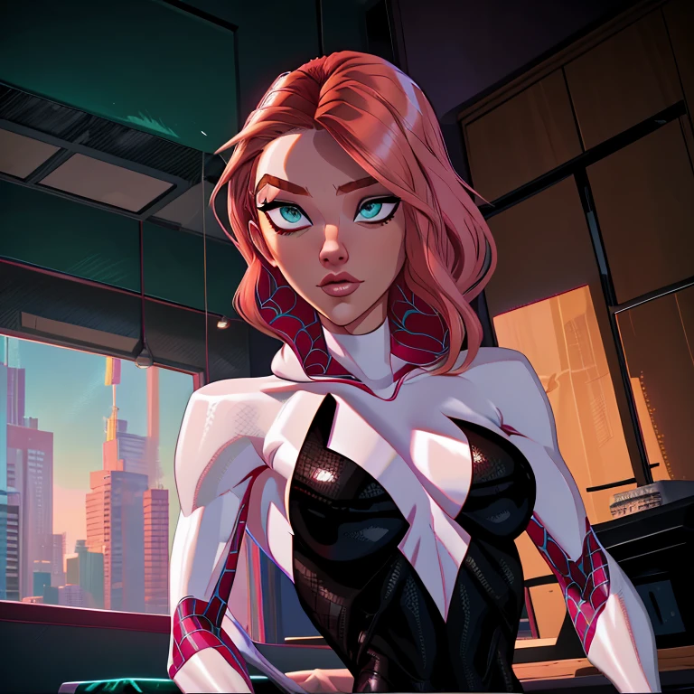 Spider Gwen, a captivating and daring woman in her late twenties, boasts long, wavy red hair and intriguing emerald green eyes. Clad in her iconic spider suit with an added bold twist, her ample bust is accentuated, exuding confidence and strength as she poses before the mirror, ready for her next adventure.