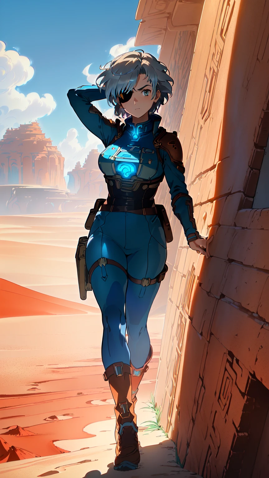 masterpiece, best quality, high quality, absurdres, illustration, film grain, chromatic aberration, dramatic lighting, (high resolution,masterpiece, ultra best quality, insanely amazing hyper fine extremely detailed, official:1.4)
(solo girl, female),(eye patch on left eyes :1,9 ),((solo girl:2,5)),
((punk outfit )),((short silver hair ))++++, dynamique pose, full body, 
break
in the style of a 80's movie and japan animation,((dune, nausicaä of the valley of the wind, trigun, akira),(masterpiece:1.5, best quality:1.5),(red sand desert), (red desert landscape), ruine in backgournd, amazing, beautiful detailed, extremely detailed wallpaper, extremely detailed CG unity 8k wallpaper, extremely delicate and beautiful, finely detailed, extremely detailed wallpaper, official art, detailed background, beautiful detailed shadow: 1.5, cinematic lighting, backlight),