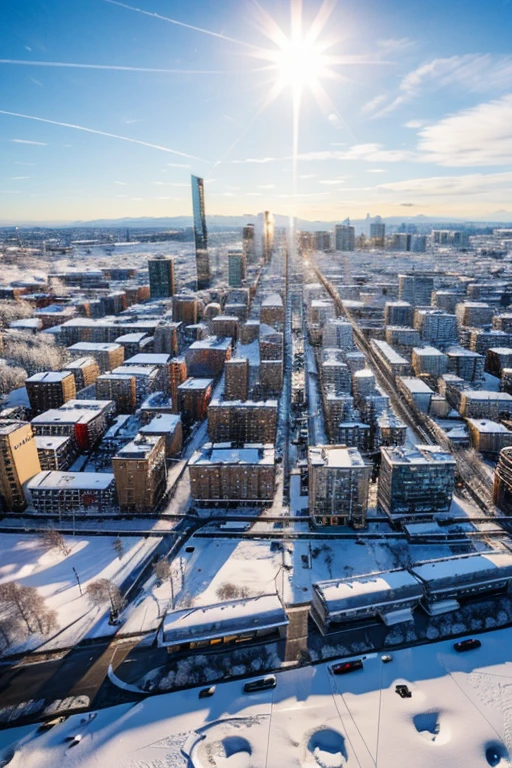 best quality, detailed, 4k, raw photo, masterpiece, (city, snowy, sunny,),