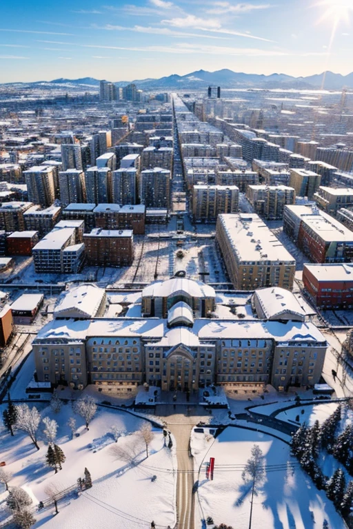 best quality, detailed, 4k, raw photo, masterpiece, (city, snowy, sunny,),