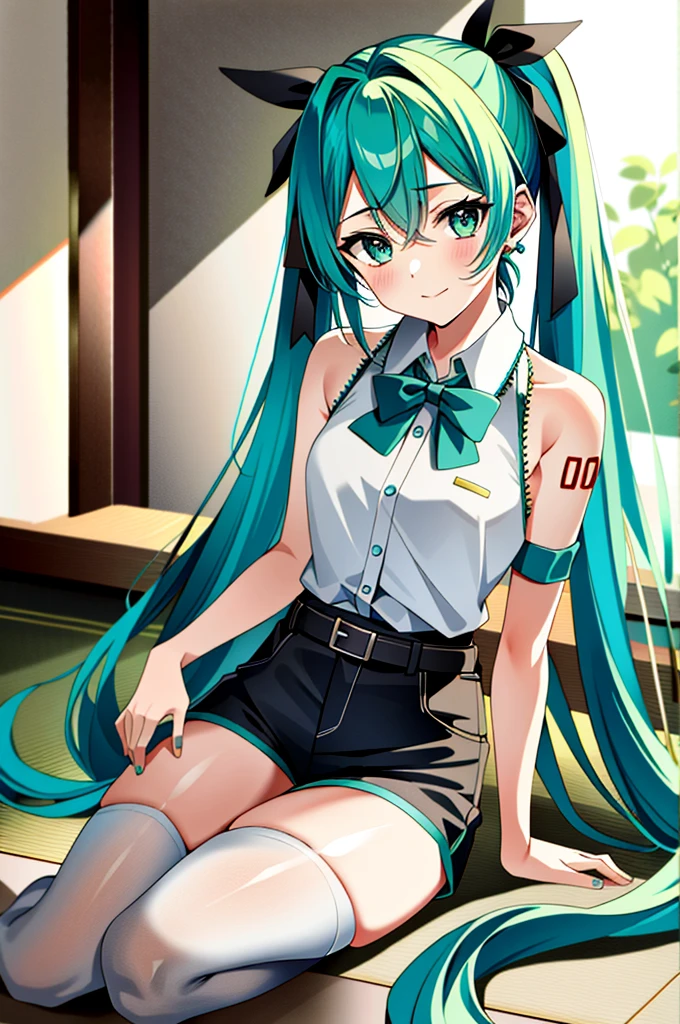 [(white background:1.5)::5],best quality, masterpiece, highres, original, extremely detailed 8K wallpaper, an extremely delicate and beautiful,,full body,straight-on,ultrawide shot,depth of field,high saturation,cafe,tatami,indoors,photorealistic,detailed manga illustration,colorful,tachie,line art,solo,,bishoujo,(((hatsune miku))),grayu,goddess,the creamy smooth skin,green_hair,ahoge,ponytail,payot,floating hair,bangs,green_eyes,smile,figure four sitting,detail fingers,skindentation,beautiful_face,bright pupils,office lady suit,denim shorts,black_thighhighs,sneakers,belt,hair ribbon,halo,tassel,hair ornament,hair rings,hair bow,hairband,earrings,book,armlet, 