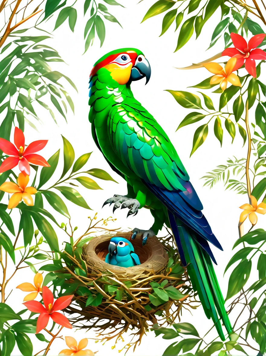 Rainforest,gold steel parrot,((Sophisticated and beautiful nest:1.5)),branches,green leaves,Colorful flowers and diverse plants