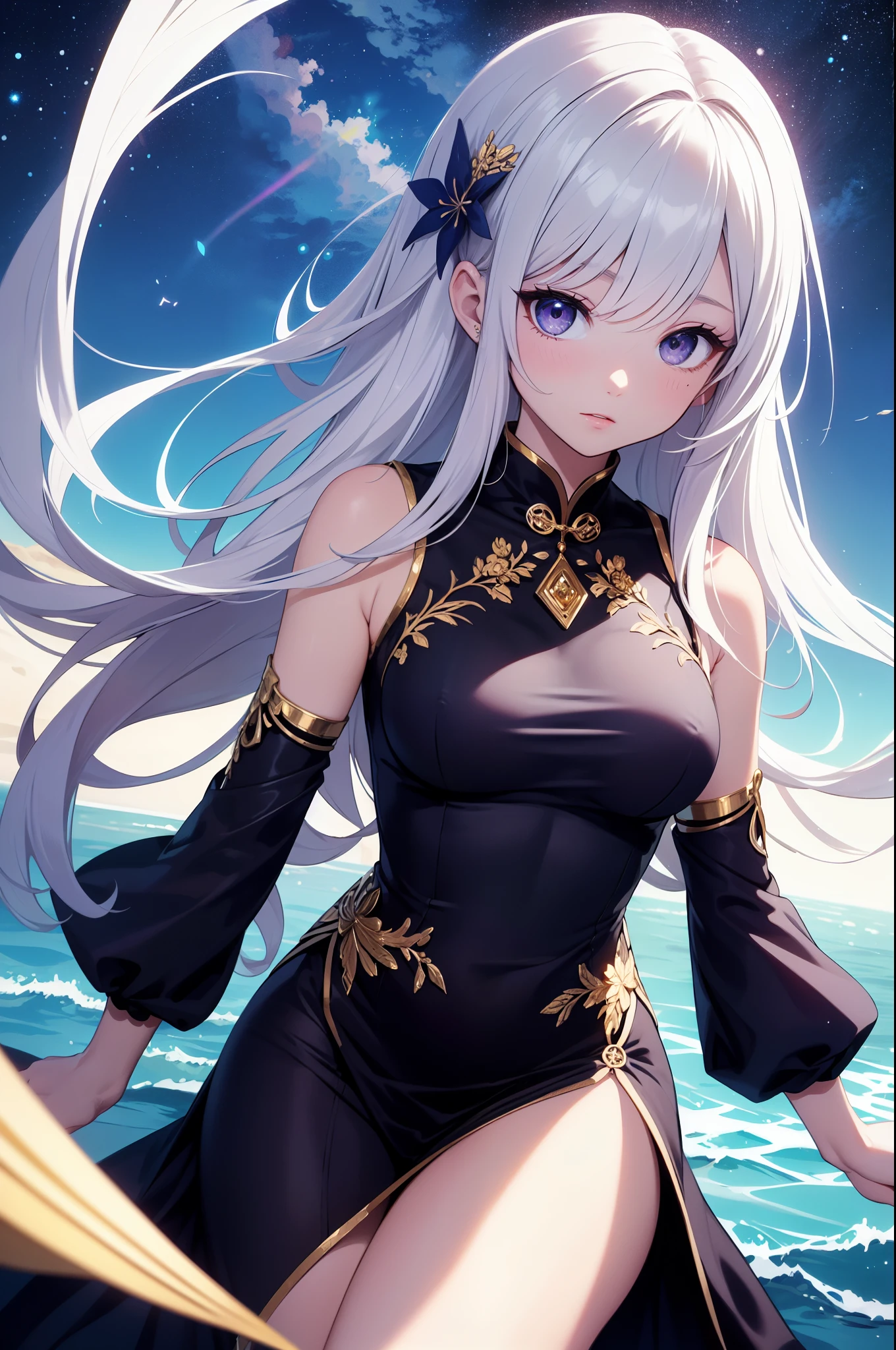 （masterpiece）、(highest quality)、((Super detailed))、(super delicate)、cute、Pastel colors hair、beautiful breasts、Gorgeous、fantastic sea of stars、Golden, silver and purple cheongsam