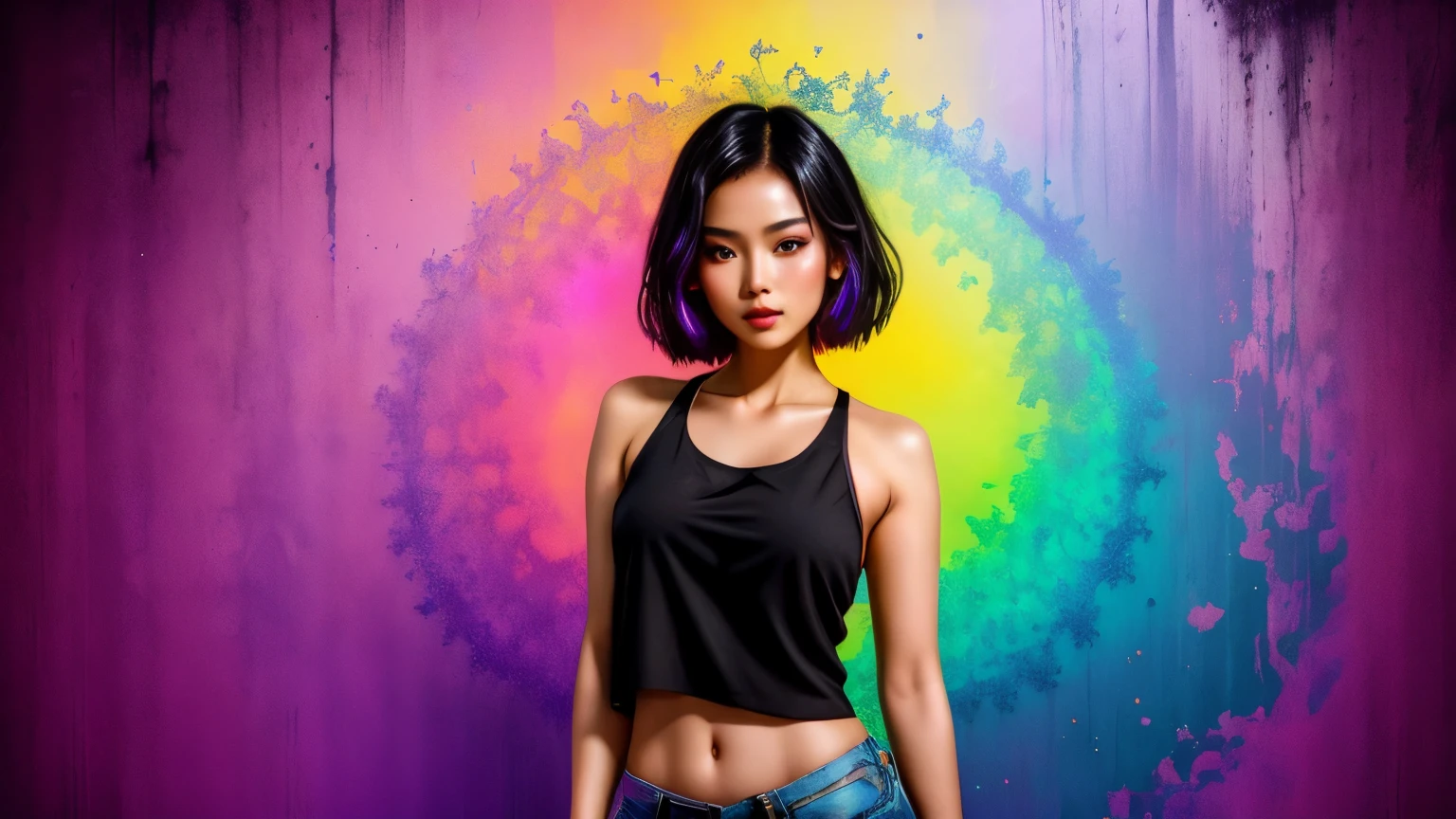 BELLA CHICA JOVEN, PRECIOSA, HERMOSA, fractal, plano medio ancho de un Modular INDU [Poulomi Das], wearing a romantic tank top, Maquillaje De Lavanda, Acid colors and rainbow background., at noon, novela visual, Arte Industrial, black lighting, lomography,