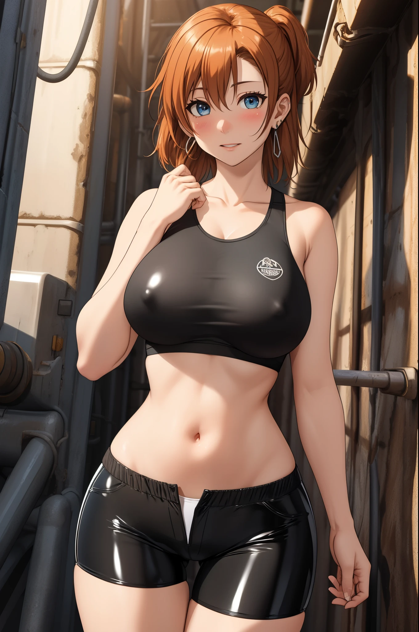 (Masterpiece, Best Quality, High Quality), professional artwork, well drawn, Intricate Details,solo,in coal mine , Kousaka honoka, afternoon, milf, curvy body, navel , ultra detail hair, ultra detail face, perfect eyes, earring, blushing, embarrassed, latex white tank top, latex breasts, micro shorts,side breasts,big breasts ,after work , hands on stomach