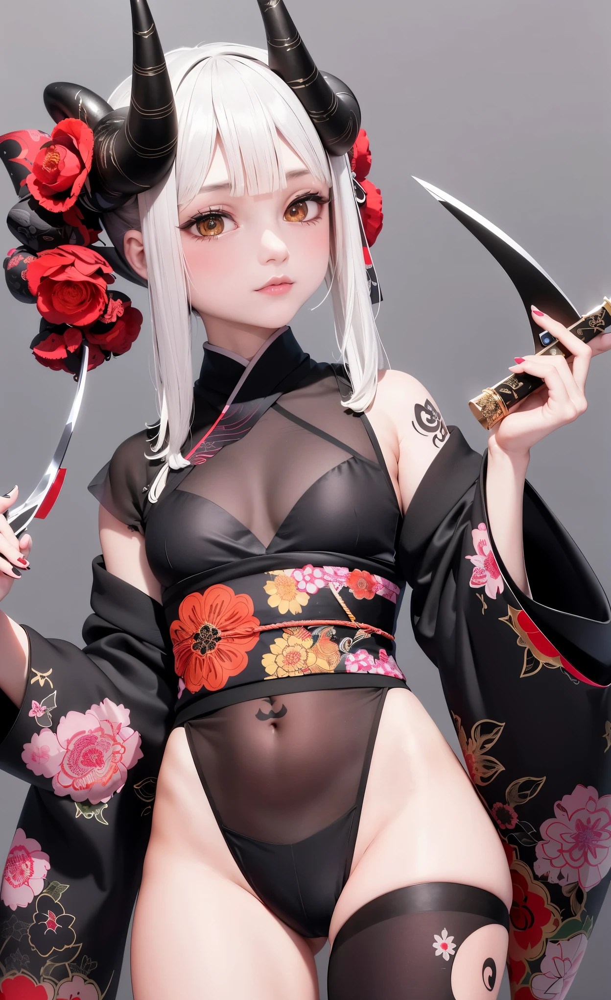 (fotorrealista:1.3), obra maestra, Mejor calidad, (detalles intrincados:1.2), (escenario:1.3), Hermoso rostro, (tema negro:1.3), 
(((1 chica, A girl in a patterned kimono holding a dagger in her hand, (Mira Veiwer:1.3), (tatuaje de cara:1.2), Small oni horn, 
))), cuerpo completo, Dividido por la mitad