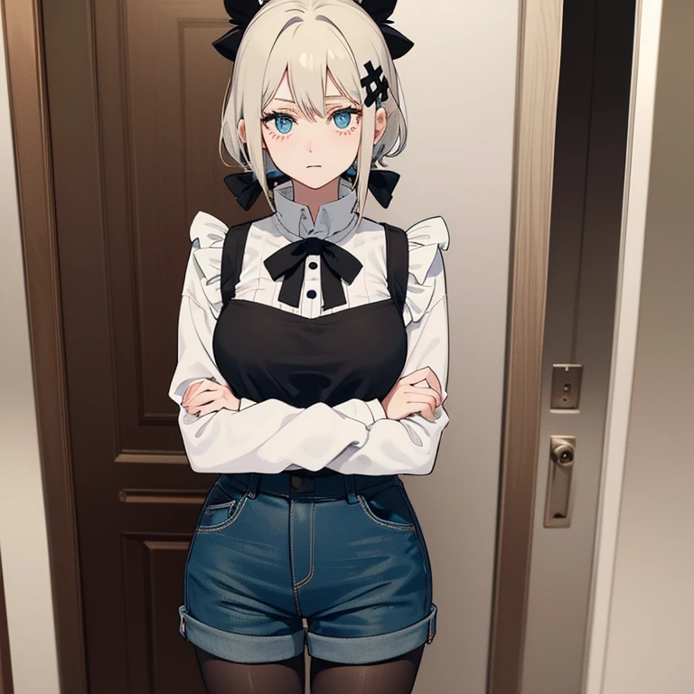 (Masterpiece: 1.5, best quality, high resolution: 1.3, super resolution, super detailed, ultra detailed: 1.3, rich background: 1.2, 1 woman)) deep blue eyes + wavy white hair + very short hair + female body + chest large + medium hips + thick thighs + long legs + blue oeckle horns (oversized turtleneck shirt with long sleeves, short jean shorts, dark pantyhose, bow tying part of her hair) ((confused expression, opening a door , striking eyes)) (colors for clothing and accessories: white, black, aquamarine green, blue)