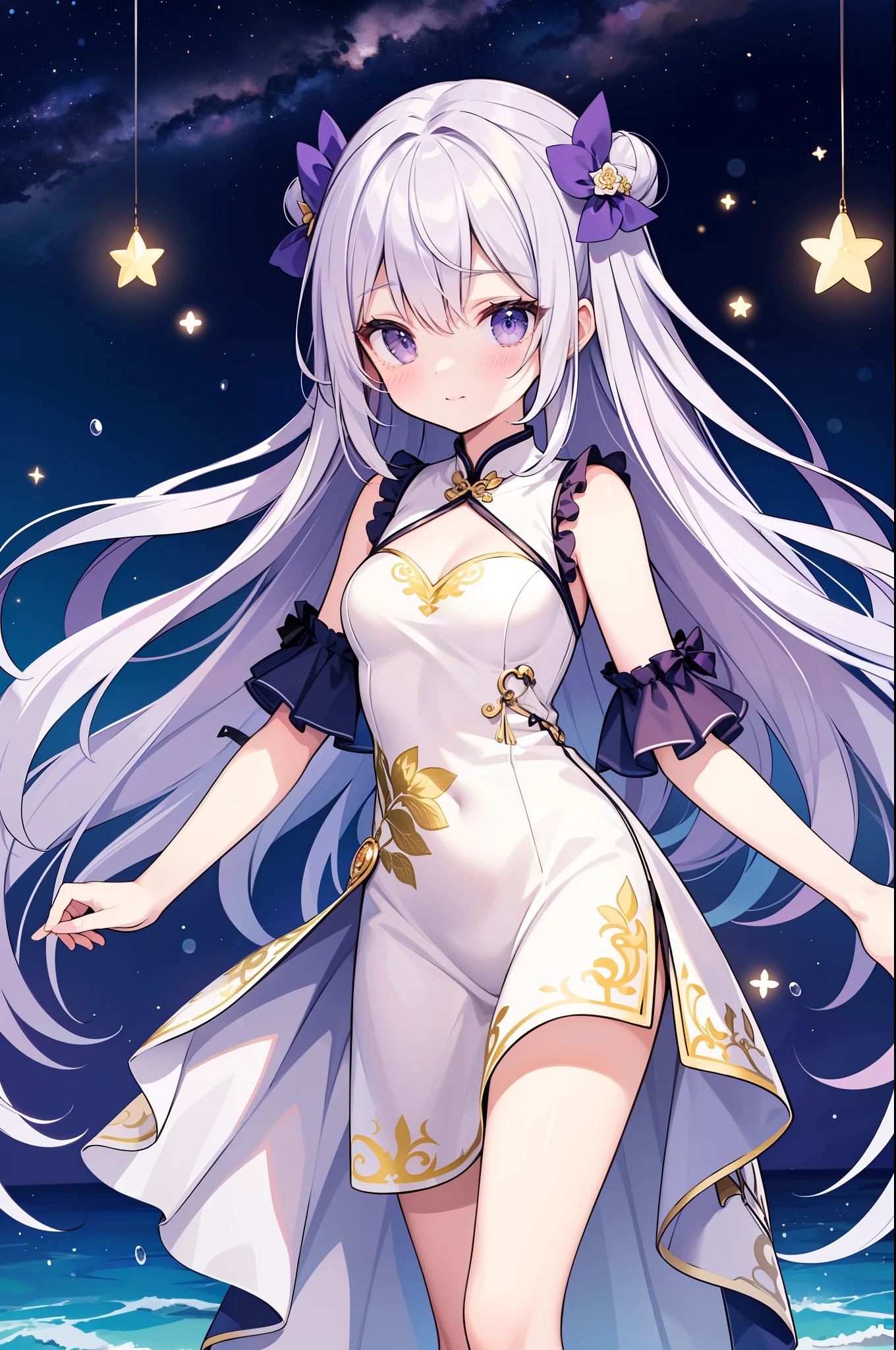 （masterpiece）、(highest quality)、((Super detailed))、(super delicate)、cute、Pastel colors hair、beautiful breasts、Gorgeous、fantastic sea of stars、Golden, silver and purple cheongsam