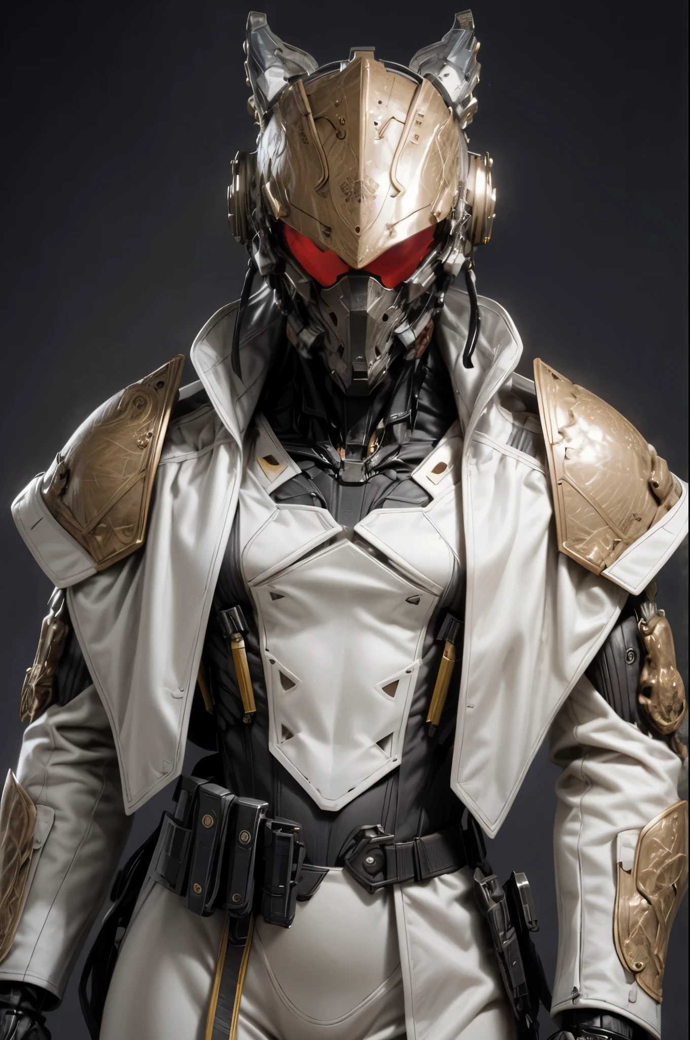 (((An epic and visually stunning digital anime masterpiece:1.5, art piece featuring an elegant masculine military mechanical ((robot)) soldier:1.7, wearing a sleek yet tactical decorated military trench coat:1.6))), (((flat masculine chest:1.6, tactical robot knight helmet:1.8, mechanical full head knight helmet:1.8, optical sensors:1.8))), (((the character is clothed in a scifi tactical double breasted trench coat with a built in exoskeleton:1.6))), (((over a form fitted armor plated yet super sleek and sensually revealing under suit, waist and thighs exposed:1.6))), ((The image showcases the intricacies of the character’s armor and clothing:1.4)), ((capturing their flamboyant feminine essence and heavy mechanical art deco aesthetic:1.5)), ((The character also possesses a more feminine androgynous body build:1.6)), (((with a toned yet heavily muscled gorgeous feminine physique:1.4, a sleek waist:1.4, mesomorphic mechanical muscular torso, toned yet beautifully sleek mechanical arms and legs with thick well rounded thighs:1.6, mechanical muscles))), ((looking at viewer)), (((brass metal armor and brown leather))), ((((depth of field, cinematic lighting, chromatic aberration, ray tracing, UHD, masterpiece, top of head covered, super detail, high details, high quality, award winning, 8k, highres)))), (((dieselpunk:1.4, decopunk:1.4, artificial muscle:1.5))), (((engraved armor:1.5)))