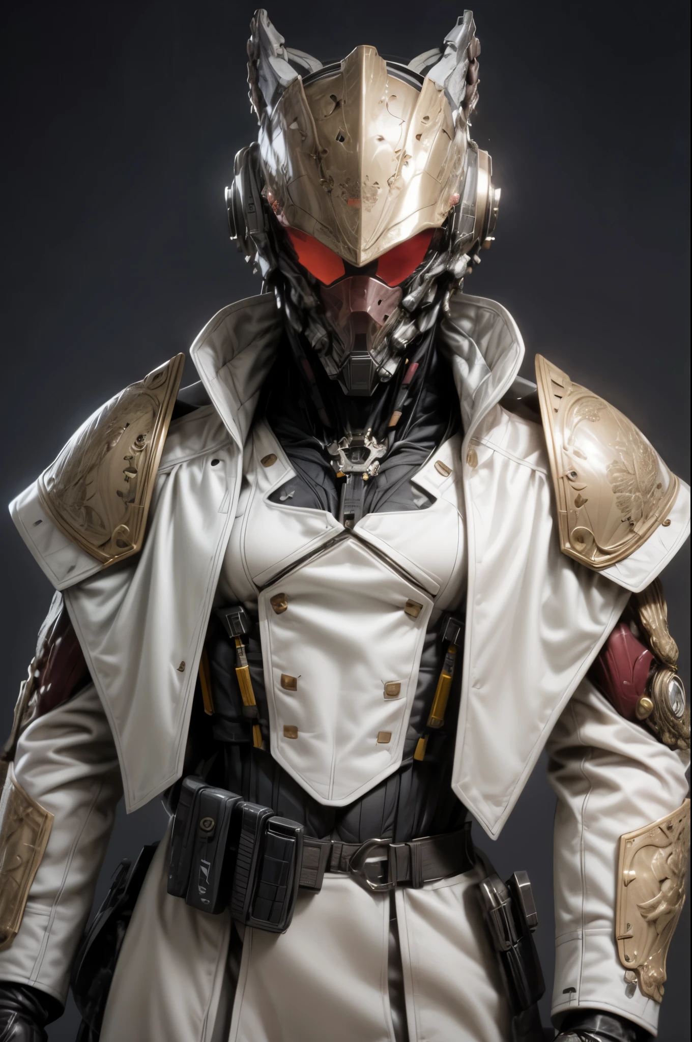 (((An epic and visually stunning digital anime masterpiece:1.5, art piece featuring an elegant masculine military mechanical ((robot)) soldier:1.7, wearing a sleek yet tactical decorated military trench coat:1.6))), (((flat masculine chest:1.6, tactical robot knight helmet:1.8, mechanical full head knight helmet:1.8, optical sensors:1.8))), (((the character is clothed in a scifi tactical double breasted trench coat with a built in exoskeleton:1.6))), (((over a form fitted armor plated yet super sleek and sensually revealing under suit, waist and thighs exposed:1.6))), ((The image showcases the intricacies of the character’s armor and clothing:1.4)), ((capturing their flamboyant feminine essence and heavy mechanical art deco aesthetic:1.5)), ((The character also possesses a more feminine androgynous body build:1.6)), (((with a toned yet heavily muscled gorgeous feminine physique:1.4, a sleek waist:1.4, mesomorphic mechanical muscular torso, toned yet beautifully sleek mechanical arms and legs with thick well rounded thighs:1.6, mechanical muscles))), ((looking at viewer)), (((brass metal armor and brown leather))), ((((depth of field, cinematic lighting, chromatic aberration, ray tracing, UHD, masterpiece, top of head covered, super detail, high details, high quality, award winning, 8k, highres)))), (((dieselpunk:1.4, decopunk:1.4, artificial muscle:1.5))), (((engraved armor:1.5)))