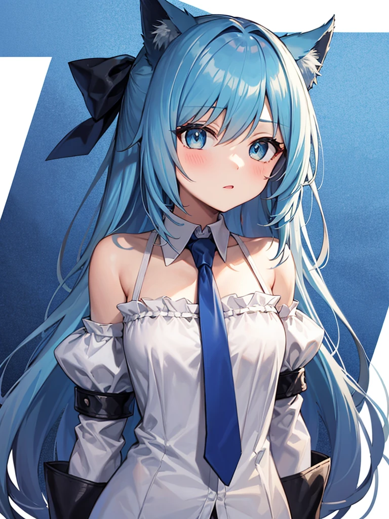 1girl, (solo), Cinnamiku, blue hair, blue eyes, hair rings, hair bow, blue bow, black sleeves, bare shoulders, blue necktie, wide sleeves, collared shirt, detached sleeves, black sleeves, necktie, blue necktie, frilled collar, cute, ((hair_behind_ear)), (chibi_style:1.25), arms behind back, (background transparency), 