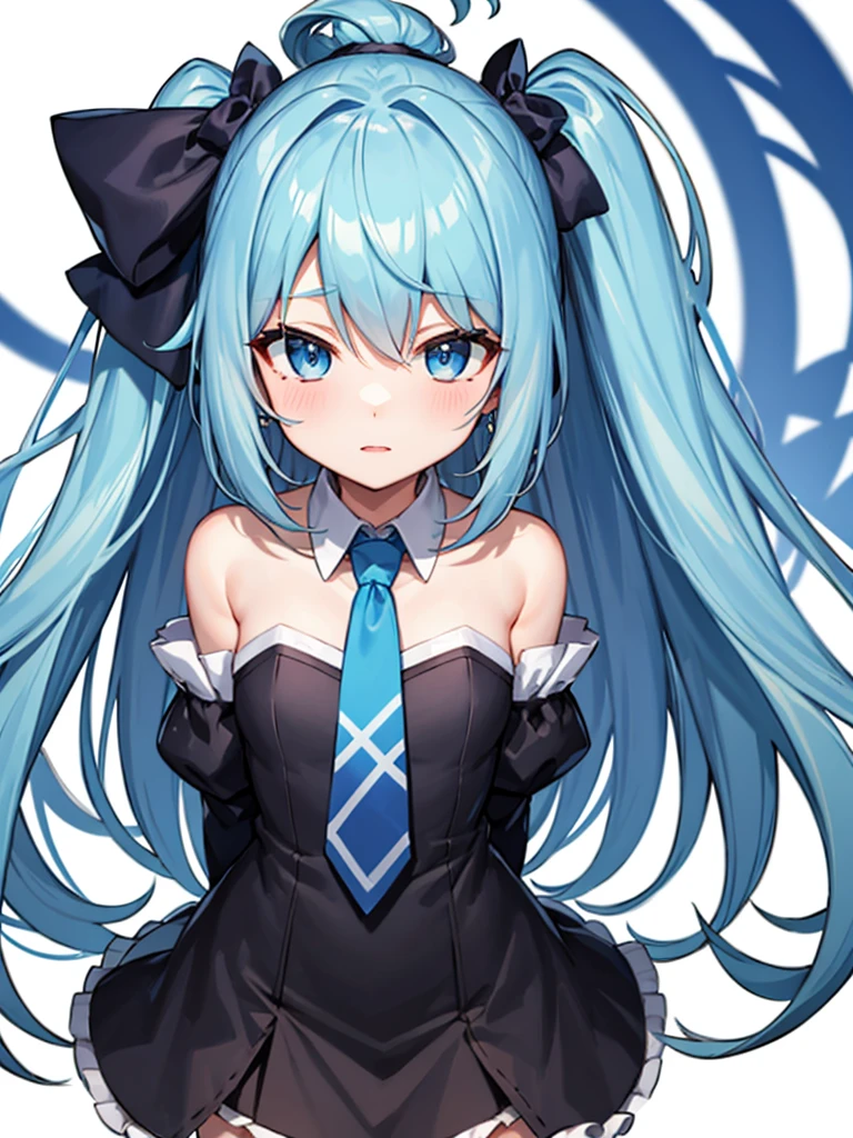 1girl, (solo), Cinnamiku, blue hair, blue eyes, hair rings, hair bow, blue bow, black sleeves, bare shoulders, blue necktie, wide sleeves, collared shirt, detached sleeves, black sleeves, necktie, blue necktie, frilled collar, cute, ((hair_behind_ear)), (chibi_style:1.25), arms behind back, (background transparency), 