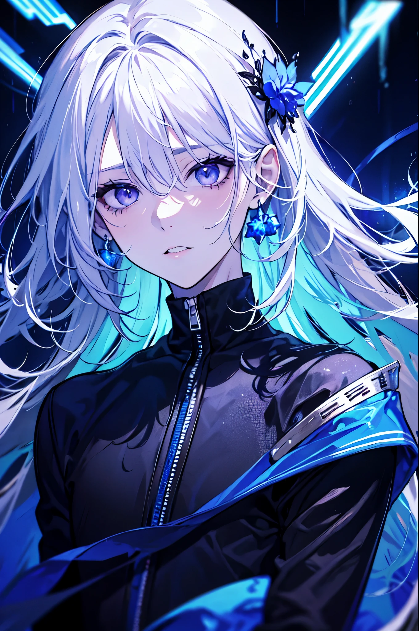 masterpiece,best quality,ultra-detailed,1boy,blue lighting,blue electricity,wrapped in electricity all over the body,black_background,rain,white hair, Purple eyes
