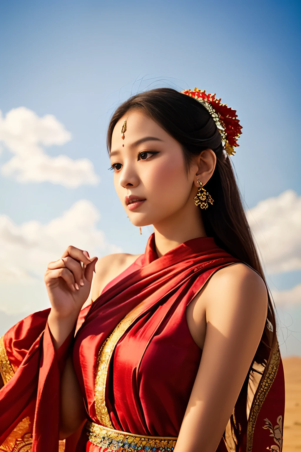 A photo of the Dunhuang Flying Apsara dance, set against a vast blue sky with white clouds. extreme beautiful face,The Apsara embodies elegance as she gracefully dances, adorned in a gorgeous brocade gown and holding a silk scarf in her hands, which she twirls effortlessly. The photo utilizes specific shooting modes, colors, and lens techniques. A collaboration of creative professionals from various fields will work together to uniquely express the beauty of the Apsara dance