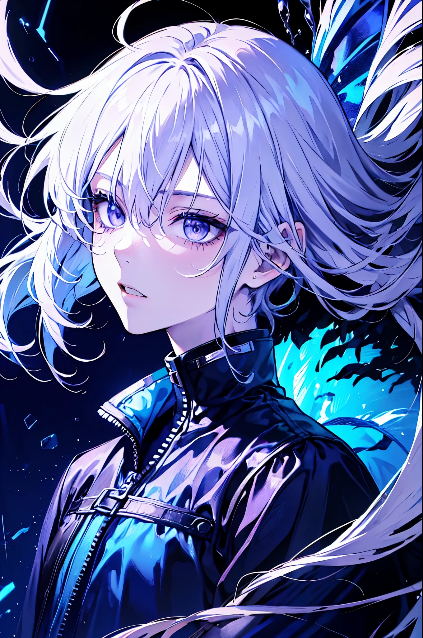masterpiece,best quality,ultra-detailed,1boy,blue lighting,blue electricity,wrapped in electricity all over the body,black_background,rain,white hair, Purple eyes